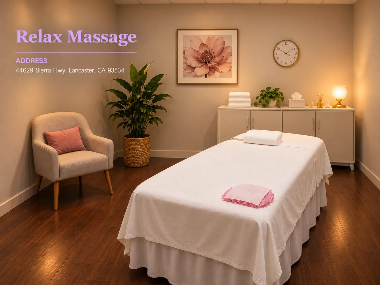 Private massage room with fresh towels at Relax Massage in Lancaster, CA