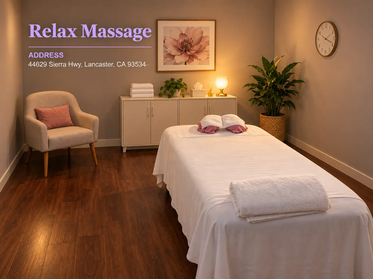 Private massage room with fresh towels at Relax Massage in Lancaster, CA