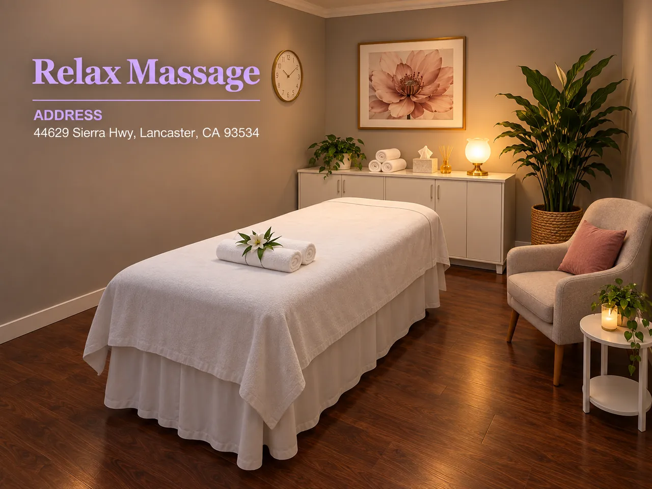 Clean massage room with fresh towels and warm lighting at Relax Massage in Lancaster, CA