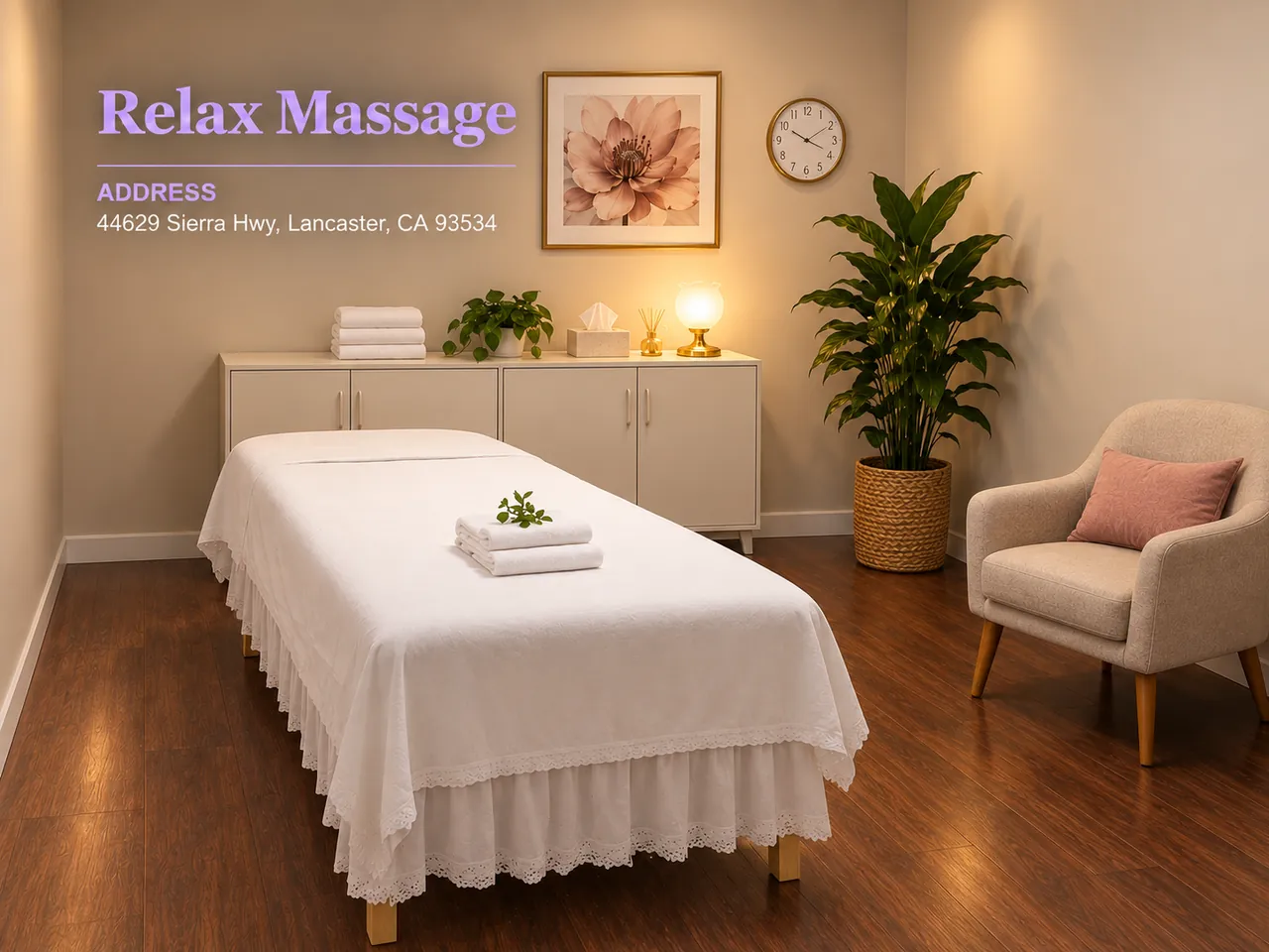 Clean private massage room at Relax Massage in Lancaster, CA