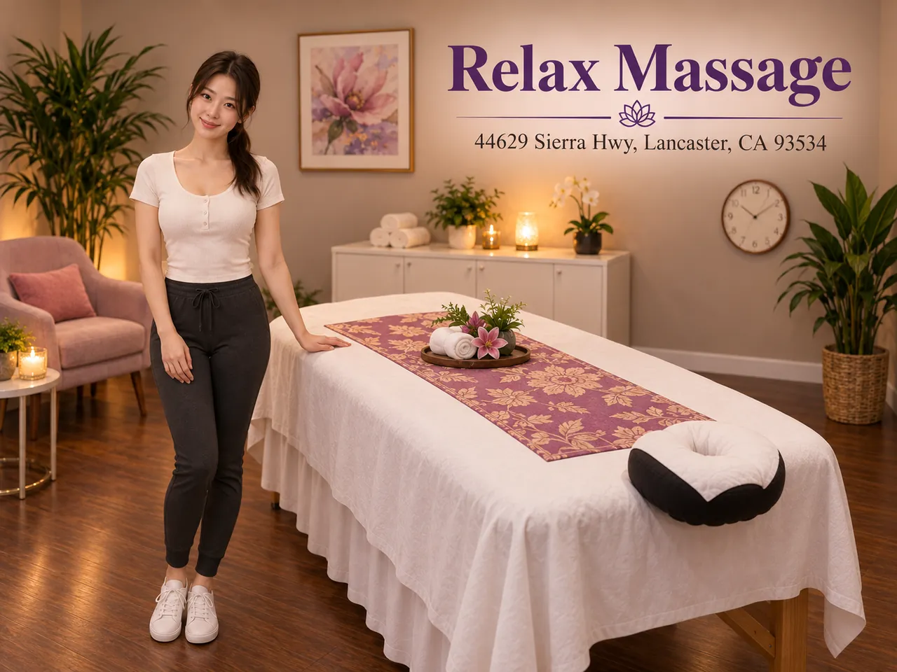 Friendly staff member beside a fresh massage table at Relax Massage in Lancaster, CA
