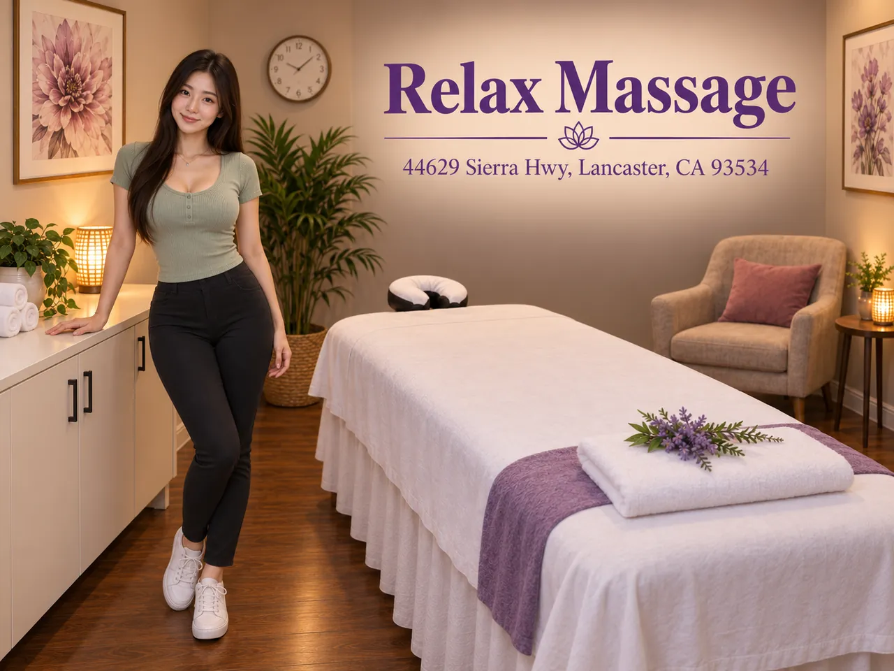 Friendly staff member in a clean massage room at Relax Massage in Lancaster, CA
