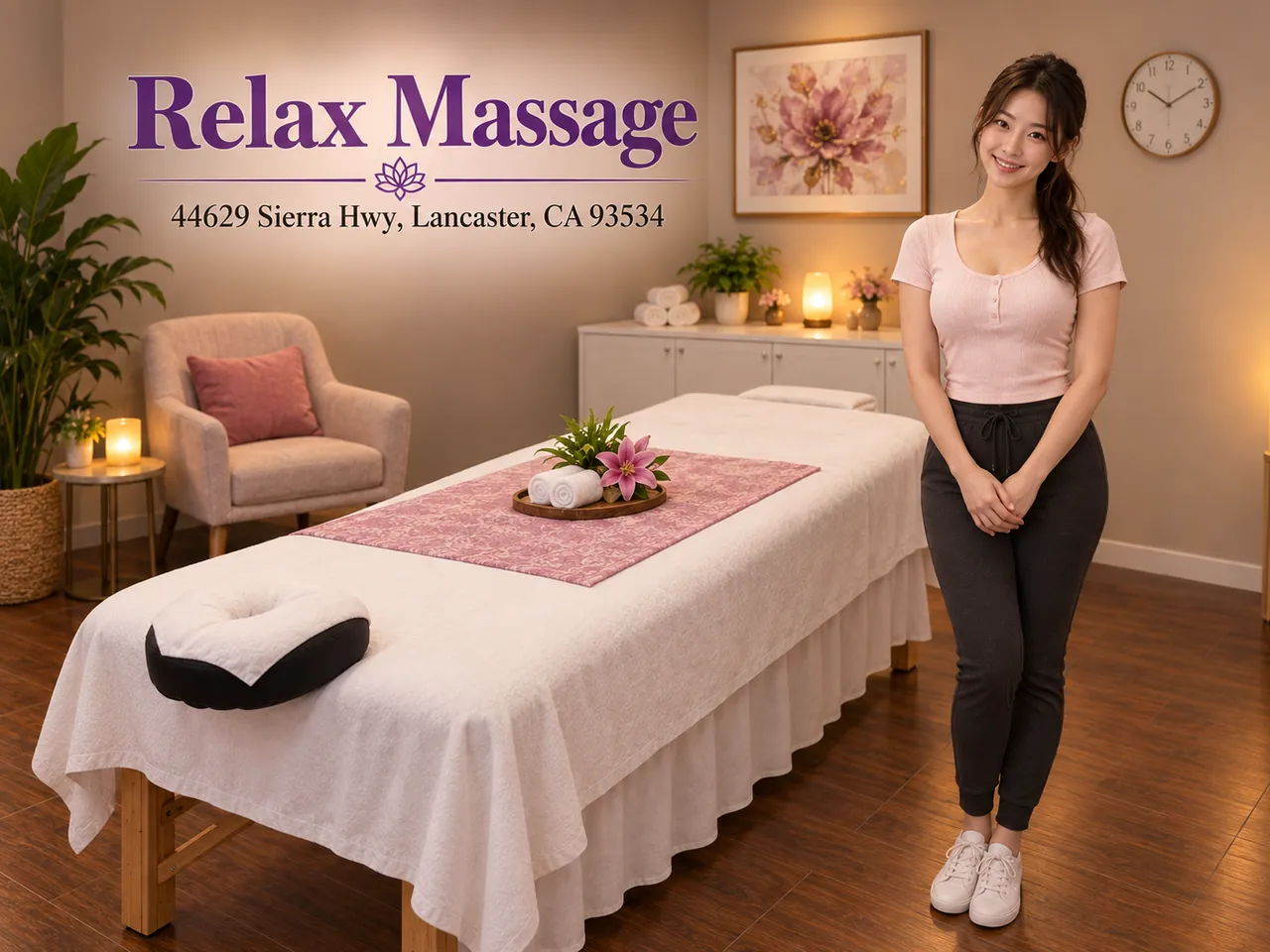 Friendly staff in a clean, private room for Stress Relief Massage at Relax Massage in Lancaster, CA
