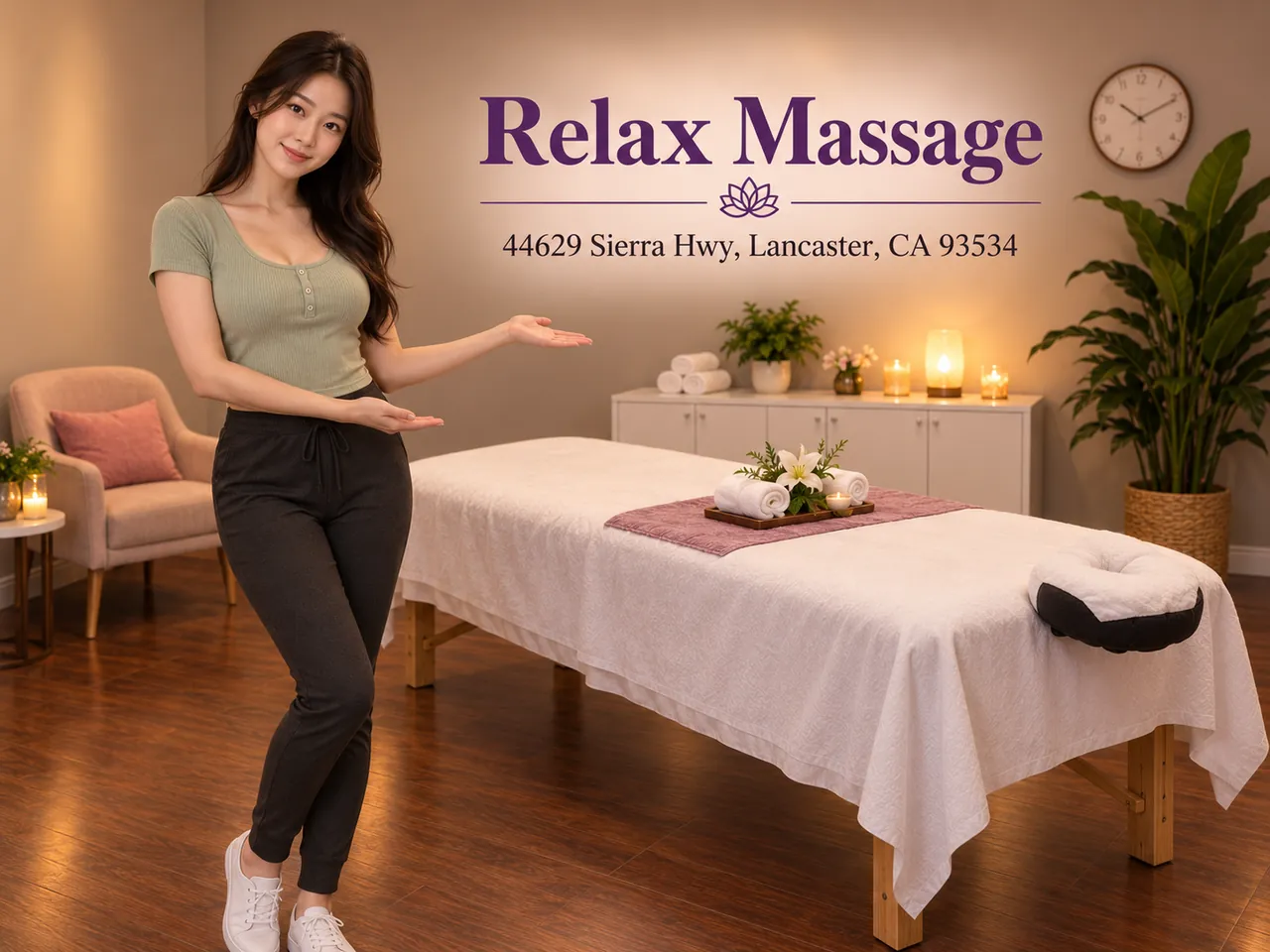 Friendly staff member in a clean private room at Relax Massage in Lancaster, CA