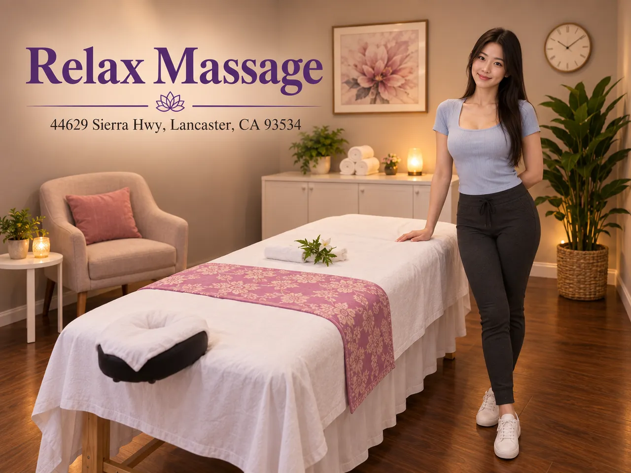 Friendly staff member in a clean massage room at Relax Massage in Lancaster, CA
