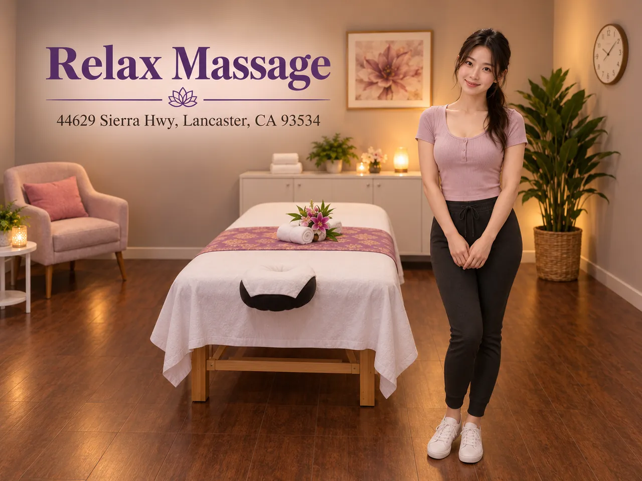 Friendly staff member beside a clean massage table at Relax Massage in Lancaster, CA