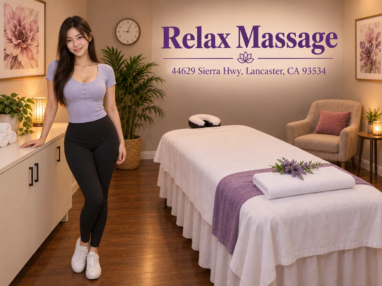 Staff member welcoming guests into a clean room at Relax Massage in Lancaster, CA