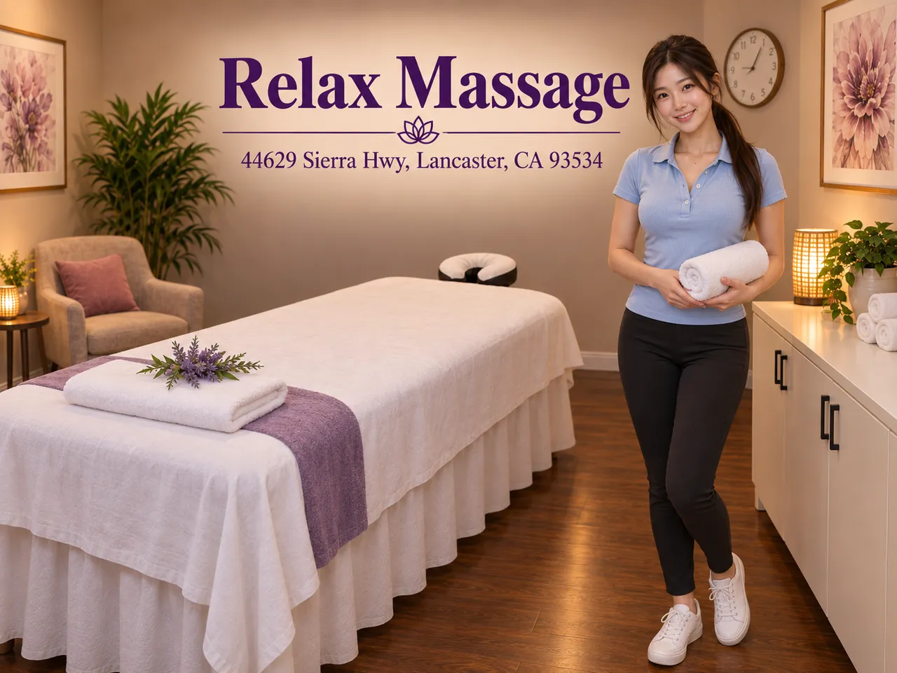 Staff member in a clean massage room at Relax Massage in Lancaster, CA