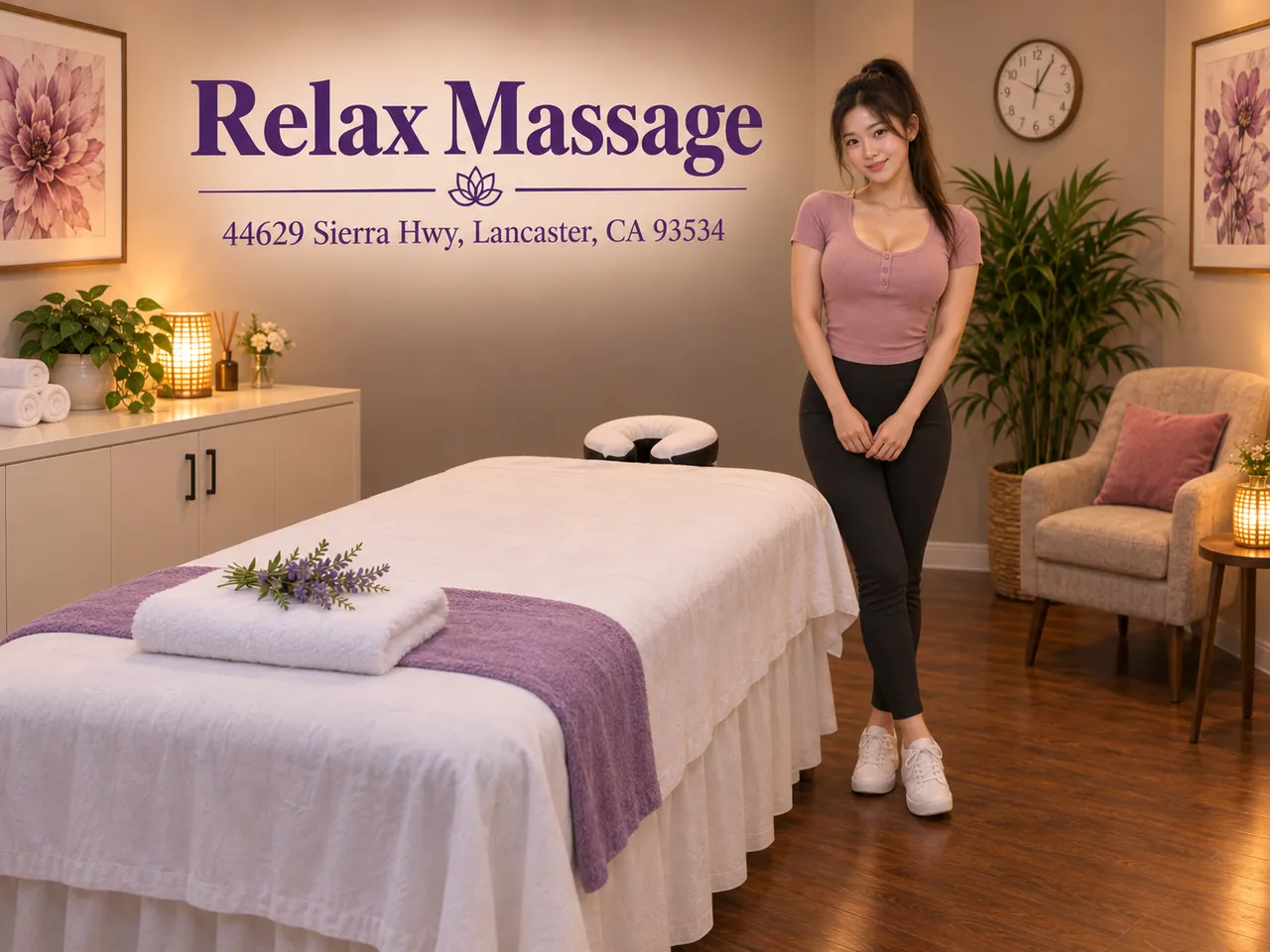 Friendly staff member beside a fresh massage table at Relax Massage in Lancaster, CA