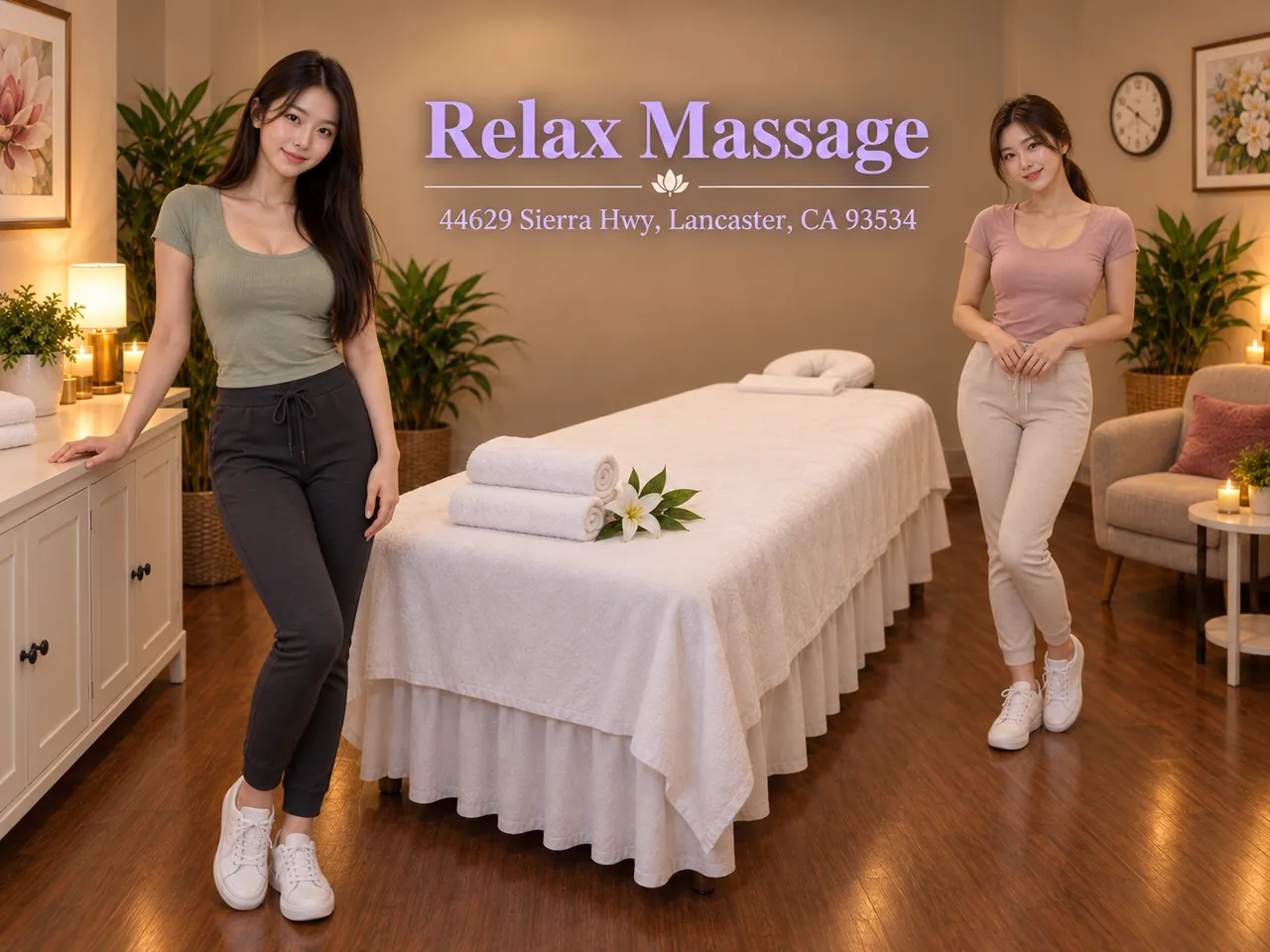 Two friendly staff members in a clean private room at Relax Massage in Lancaster, CA