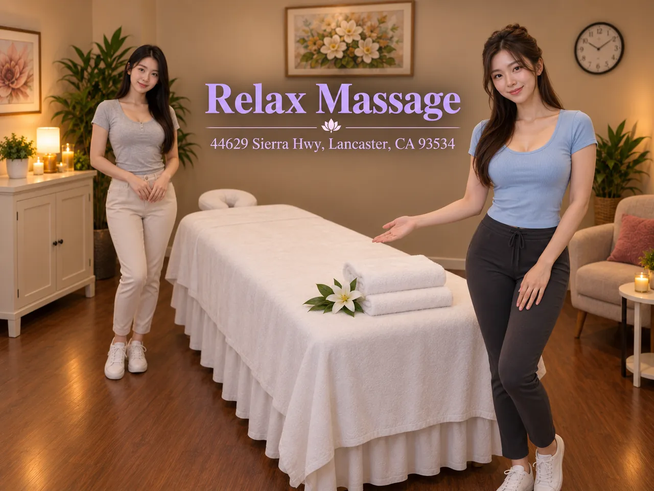 Two friendly staff members in a clean private room at Relax Massage in Lancaster, CA