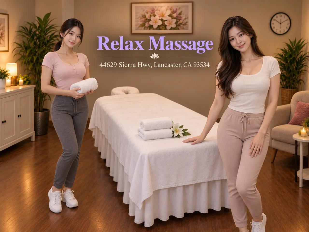 Two friendly staff members in a clean, welcoming massage room at Relax Massage in Lancaster, CA