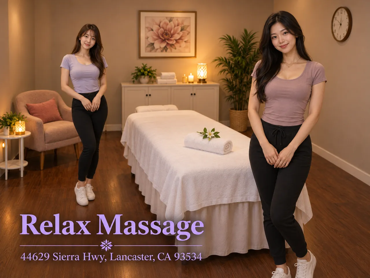 Two friendly staff members in a clean private room at Relax Massage in Lancaster, CA