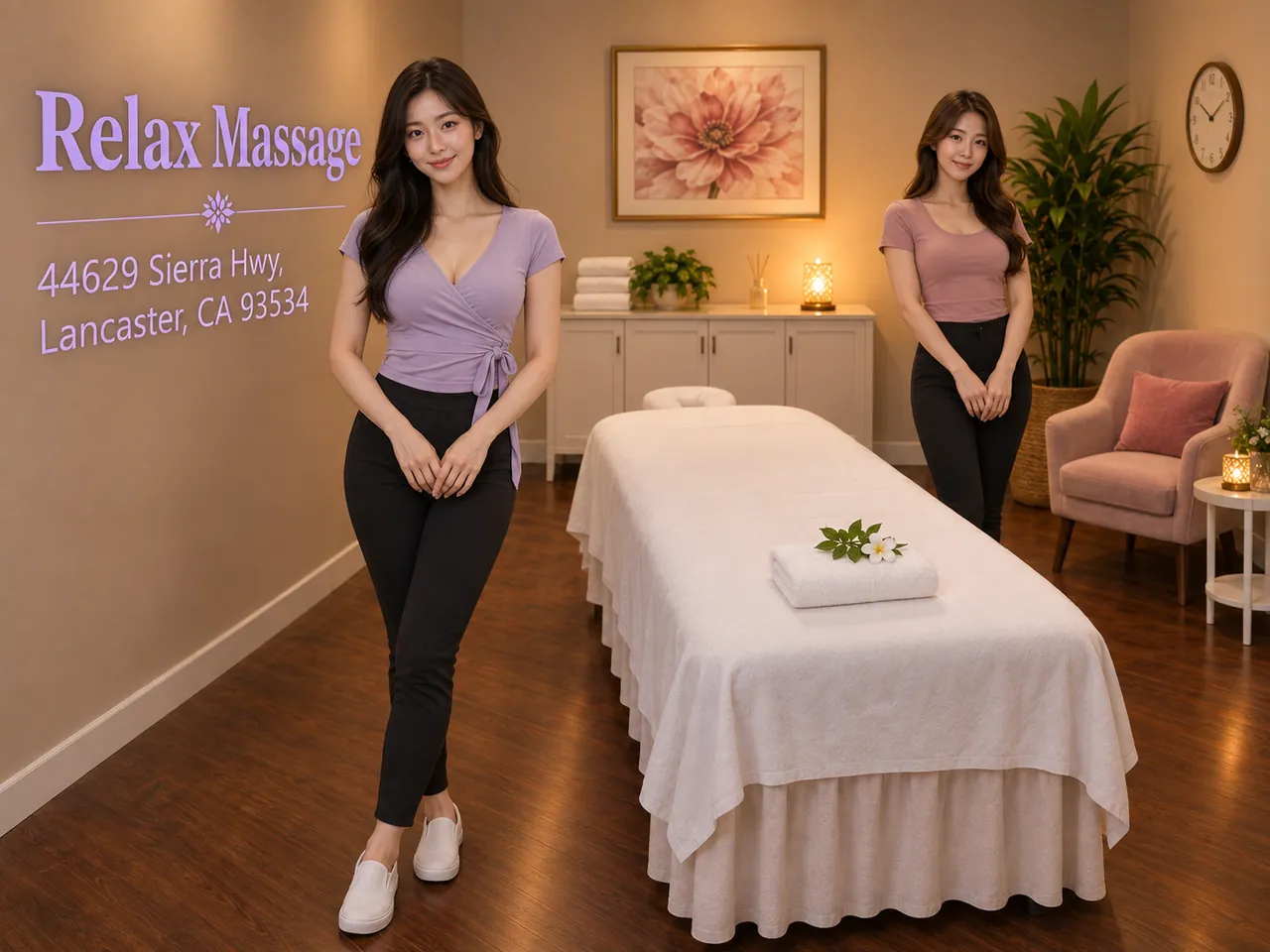 Two friendly staff members in a clean private room at Relax Massage in Lancaster, CA
