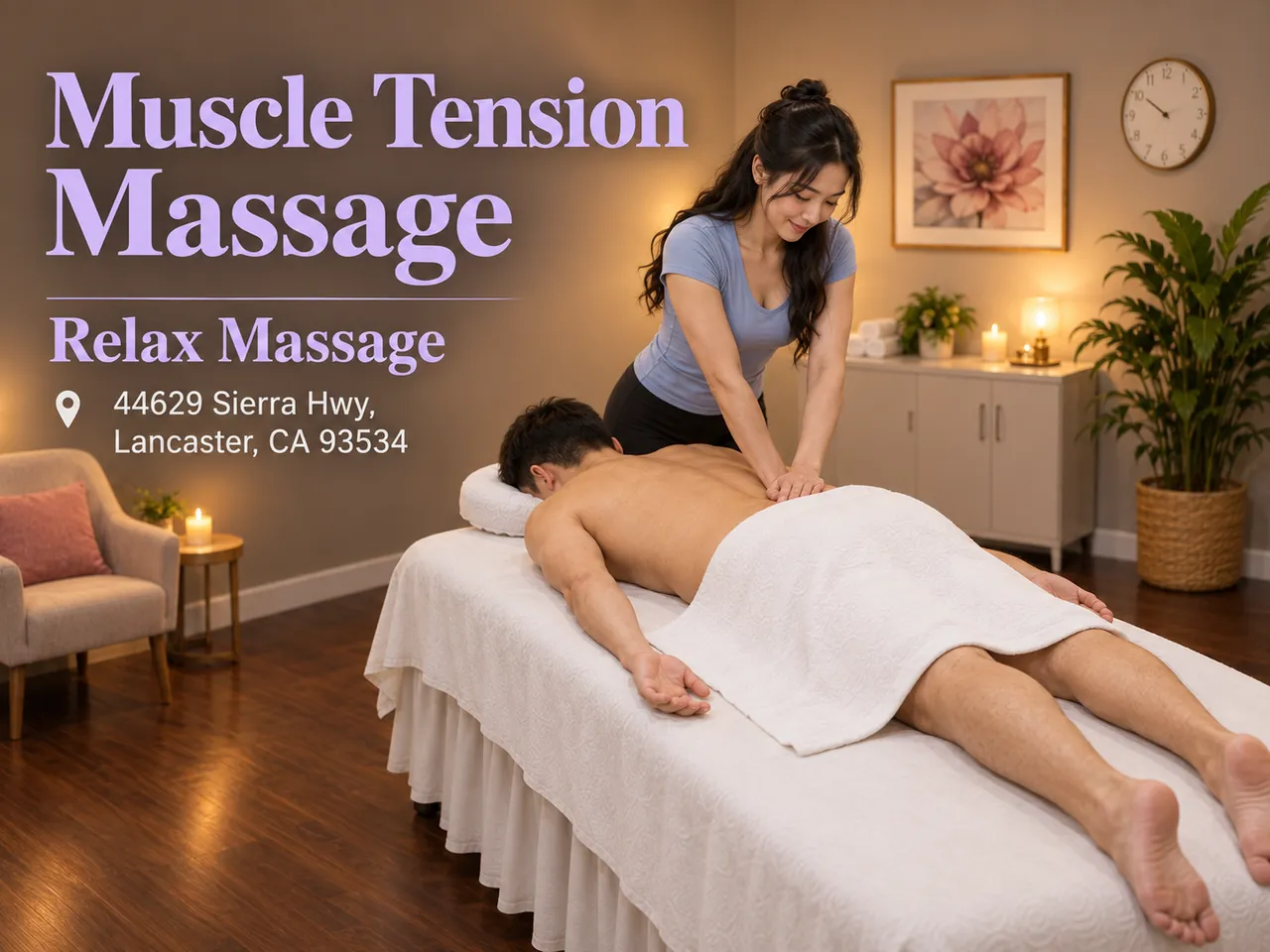 Muscle tension massage on a tired back at Relax Massage in Lancaster, CA