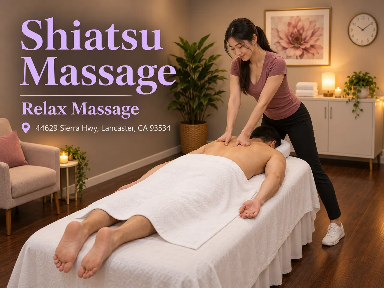 Shiatsu palm pressure along the back at Relax Massage in Lancaster, CA