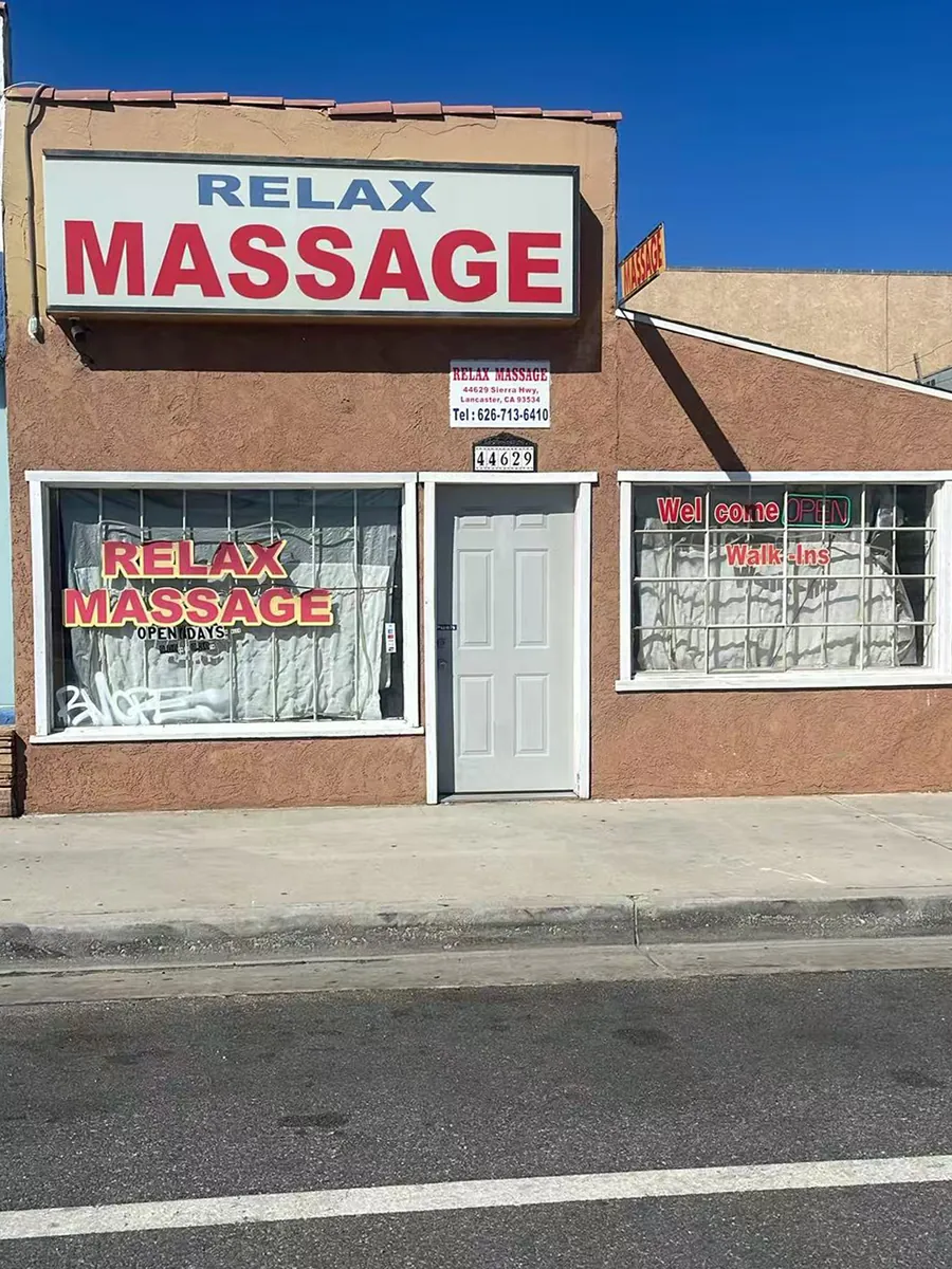 Storefront and front door at Relax Massage in Lancaster, CA