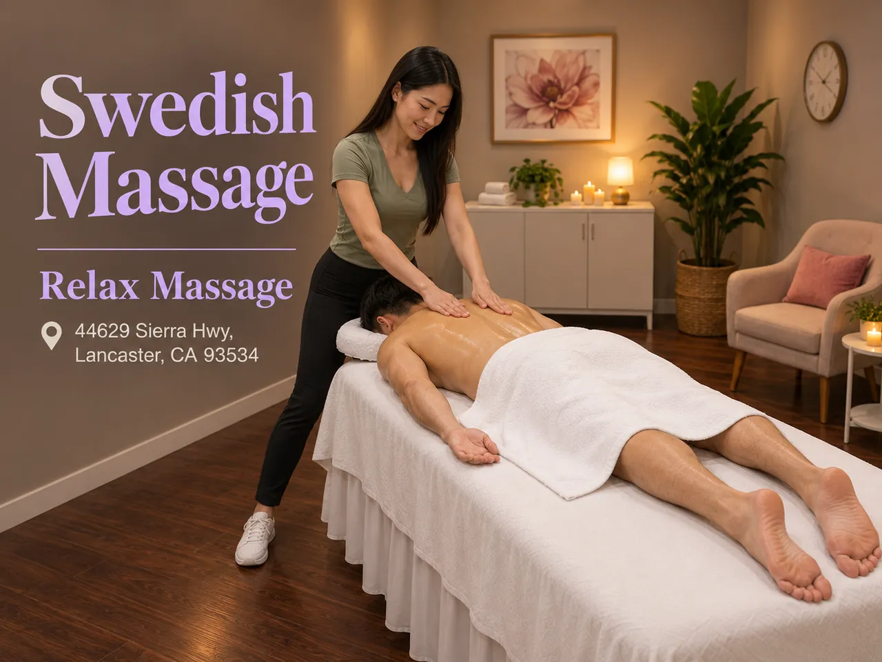 Swedish massage on the back in a private room at Relax Massage in Lancaster, CA